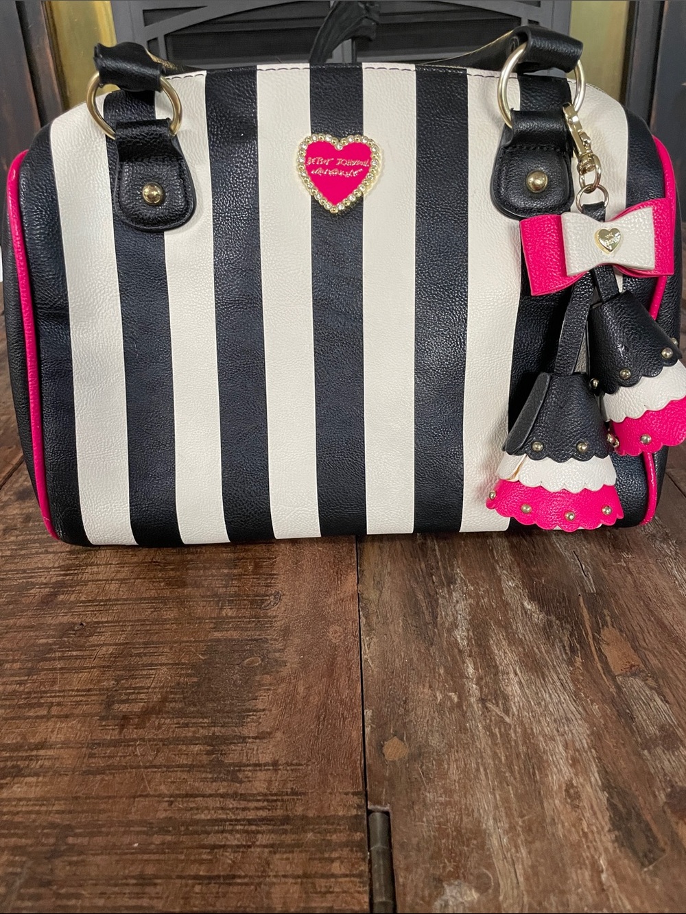 Betsey Johnson Black & White Striped Satchel with Hot Pink Trim and Tassel Charm
